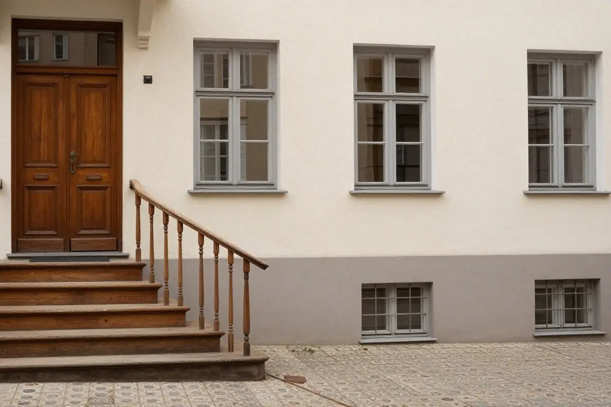Hauseingang eines Altbaus mit Holztür und Holztreppe
