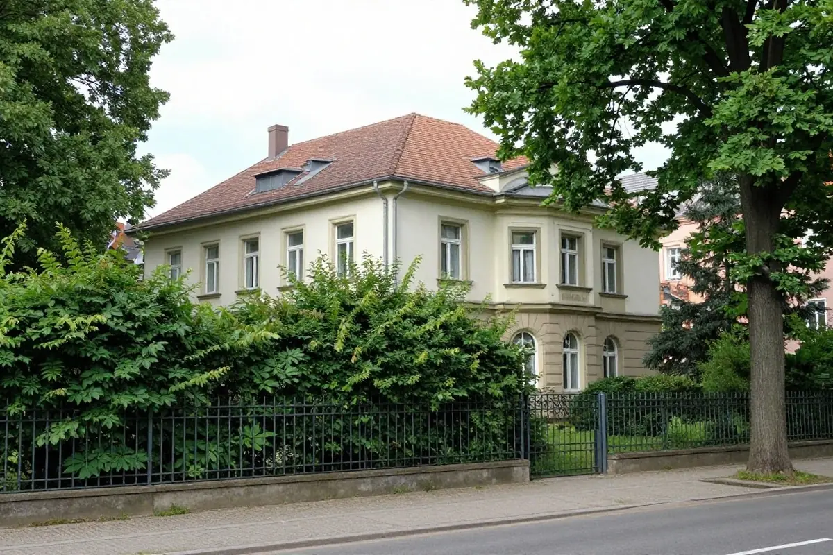 Villa aus dem frühen 20. Jahrhundert hinter einer Hecke