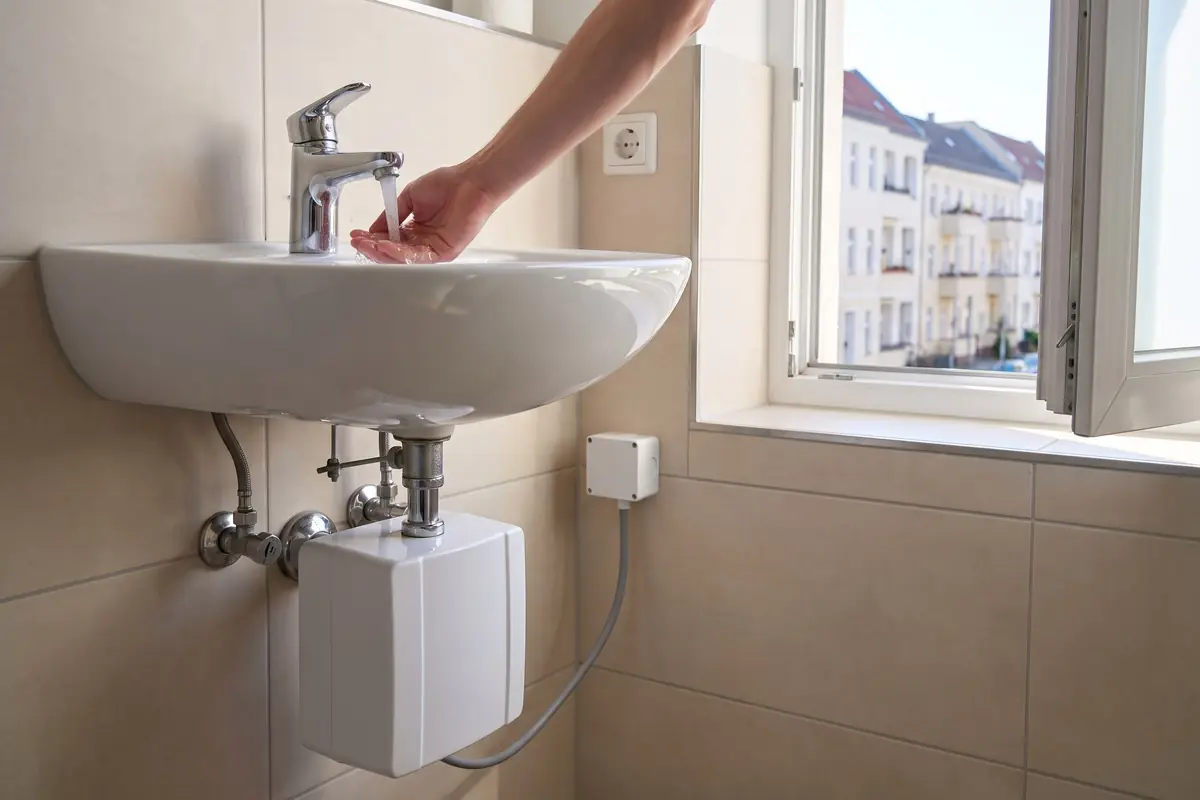 Durchlauferhitzer unter dem Waschbecken, Hand prüft das Wasser