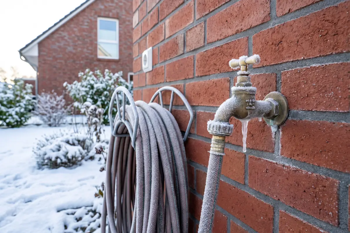Vereister Außenwasserhahn an einer Hauswand im Winter